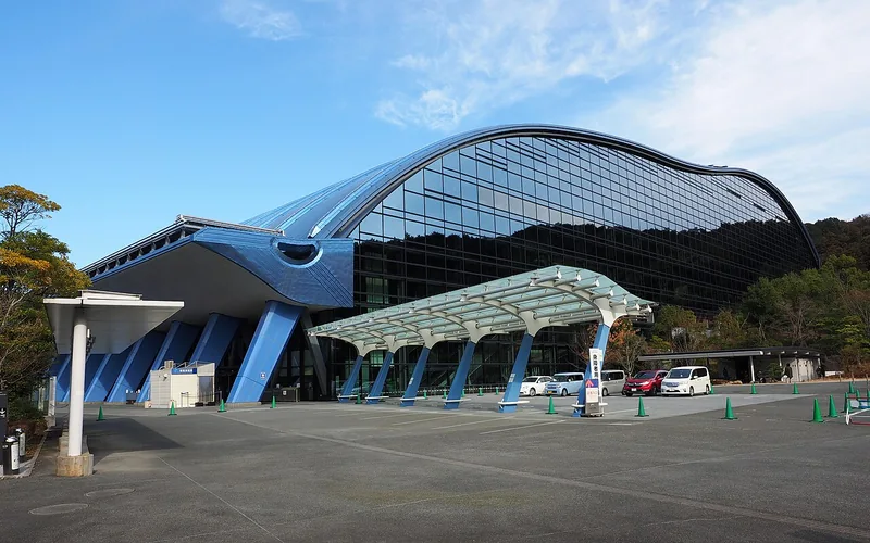 The sweeping blue glass roof of Kyushu National Museum in Dazaifu