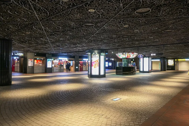 Warm lights and patterned ceilings in the Tenjin underground shopping mall