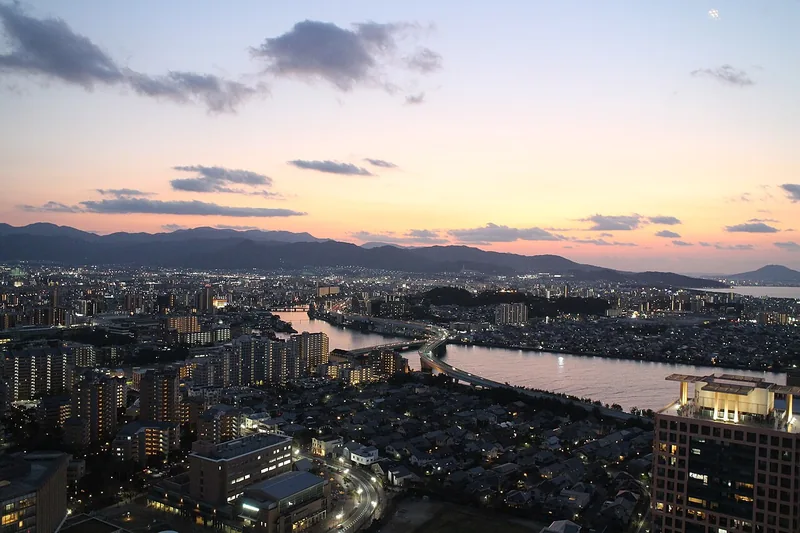 Fukuoka and Hakata Bay at dusk, viewed from Fukuoka Tower