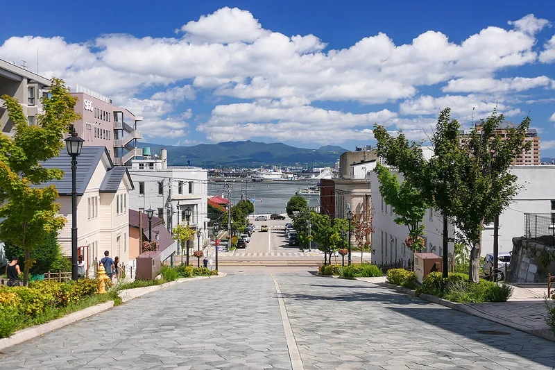 The steep stone-paved Hachimanzaka slope looking down toward Hakodate Harbour
