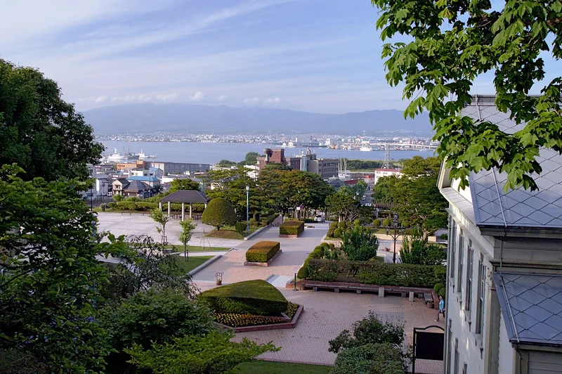 Green lawns and paths at Motomachi Park in Hakodate