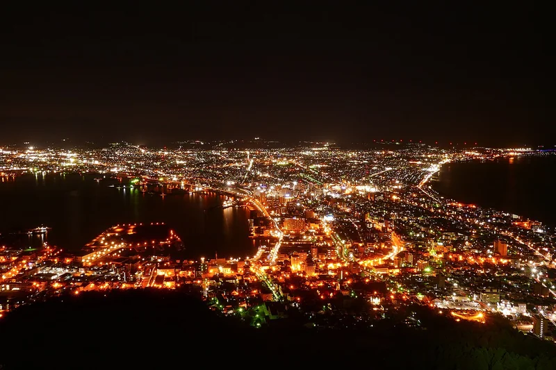Hakodate’s glittering city lights and curving coastline seen from Mount Hakodate at night