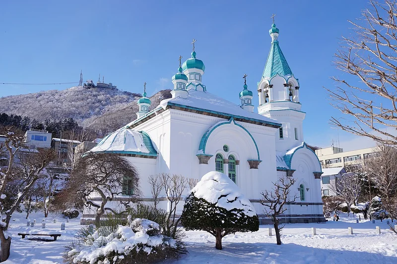 Hakodate Orthodox Church in the snow after its 2023 restoration