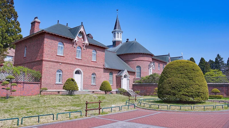 The brick convent buildings and gardens at Trappistine Convent in Hakodate