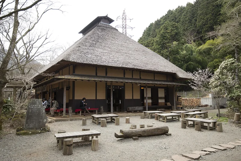 The thatched-roof Amazake Chaya teahouse beside the old Hakone road