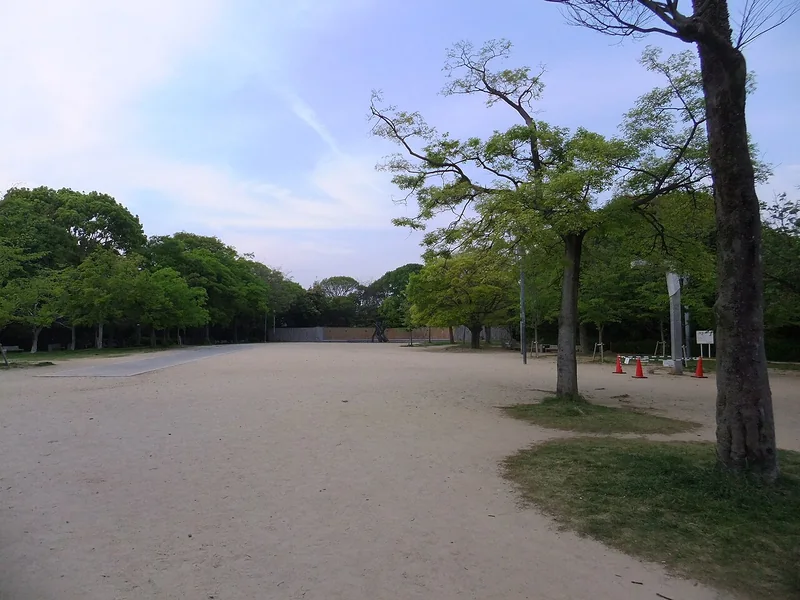 Trees and a broad open walking area in Hijiyama Park