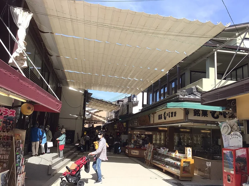 Small shops beneath the canopy of Miyajima Omotesando shopping street