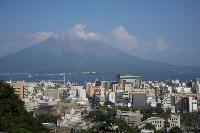 Central Kagoshima and Sakurajima across the bay, seen from Shiroyama