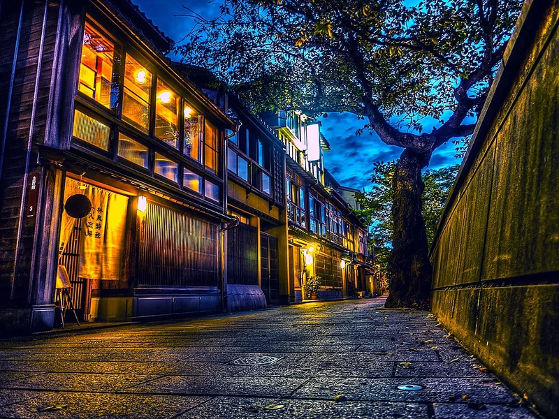 Traditional buildings in Kazuemachi at twilight