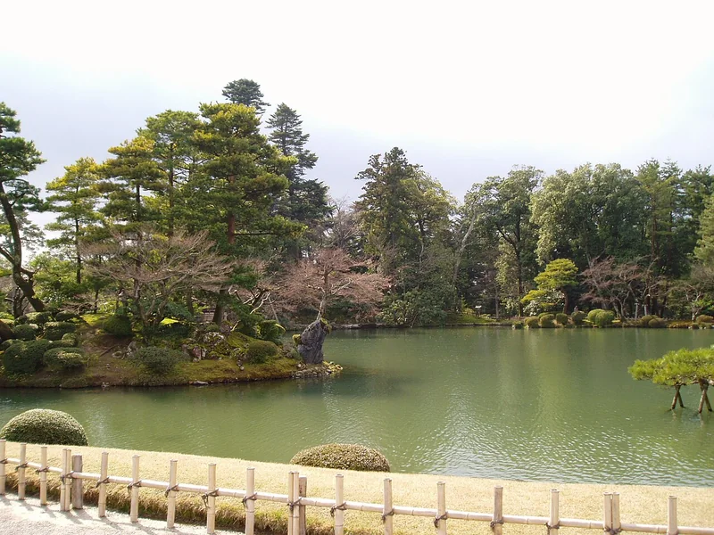 Pines and garden paths beside the pond at Kenrokuen