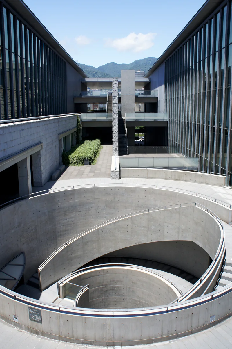 Concrete architecture and a spiral stair at Hyogo Prefectural Museum of Art