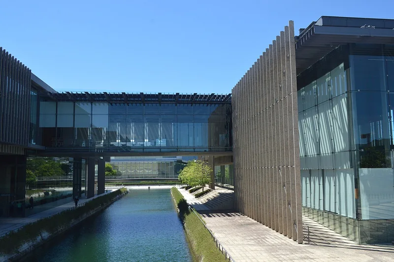The canal between the modern buildings of Nagasaki Prefectural Art Museum