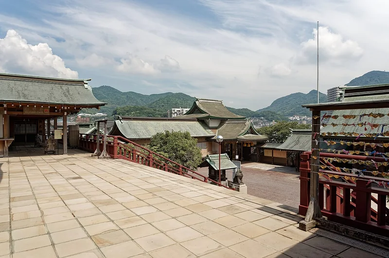 The courtyards of Suwa Shrine above the Nagasaki rooftops