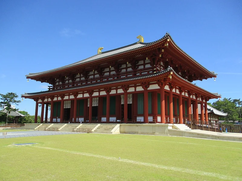 The restored Central Golden Hall at Kofukuji beneath a blue sky