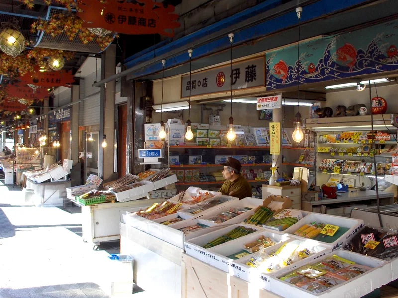 Seafood stalls inside Sapporo’s Nijo Market