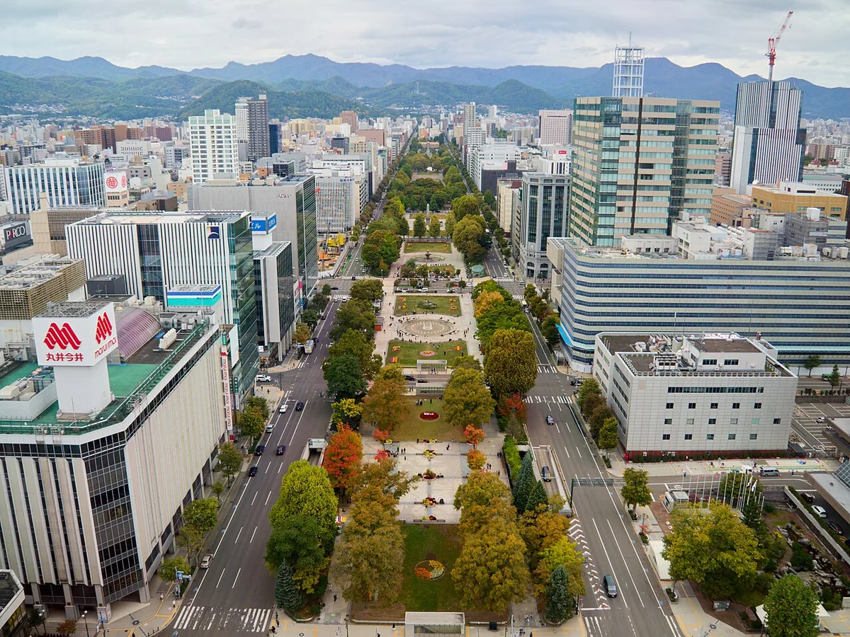 Odori Park and central Sapporo seen from above, with mountains beyond