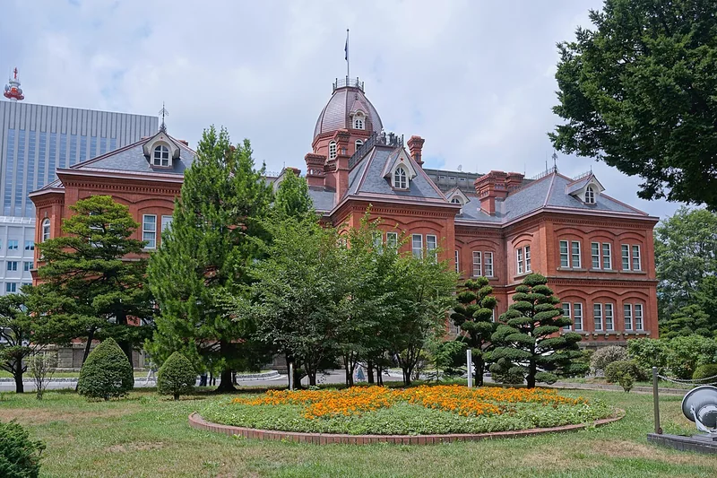 The restored former Hokkaido Government Office and its flower garden in July 2025