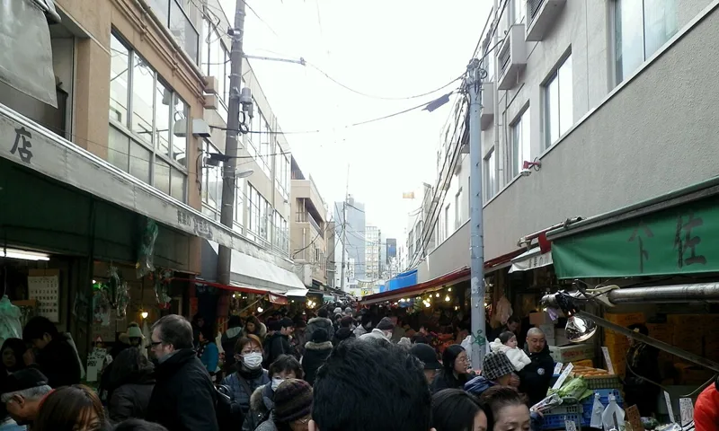 Shoppers and stalls in Sendai Asaichi market