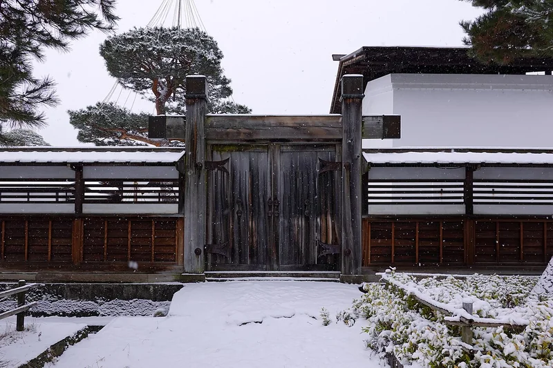 Traditional entrance to Takayama Jinya in winter