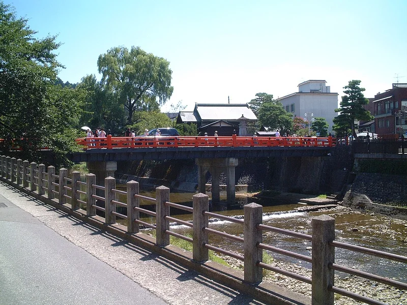 Red Nakabashi Bridge over the Miyagawa River
