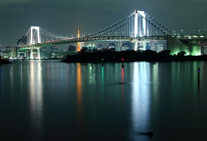 Rainbow Bridge illuminated across Tokyo Bay from Odaiba at night