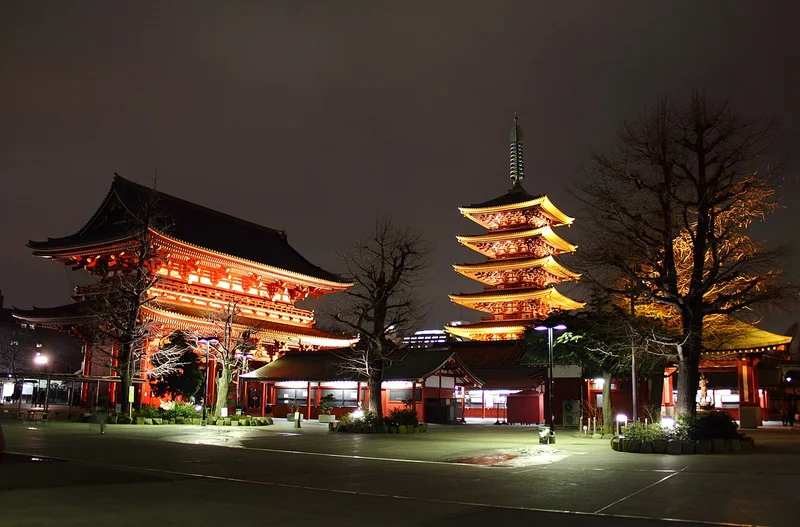 The illuminated Hozomon gate and five-storey pagoda at Senso-ji in Asakusa