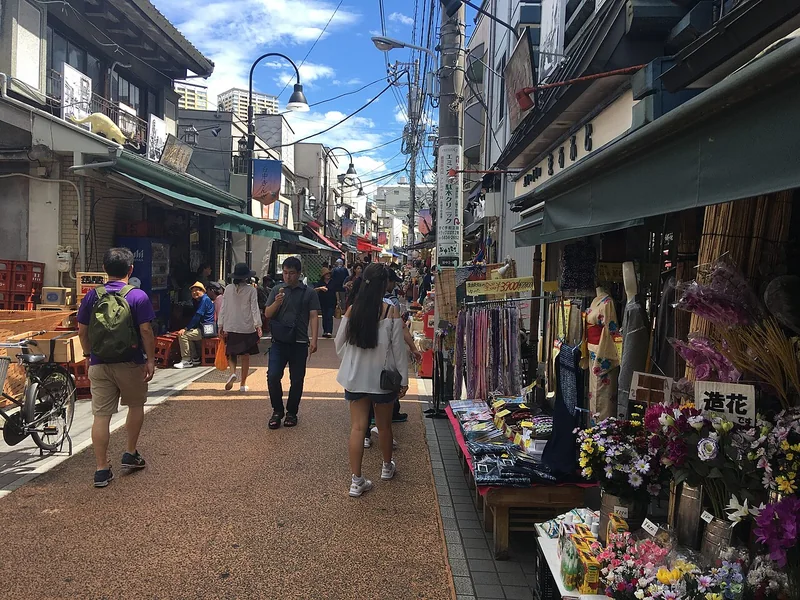 Small shops and pedestrians along Yanaka Ginza shopping street