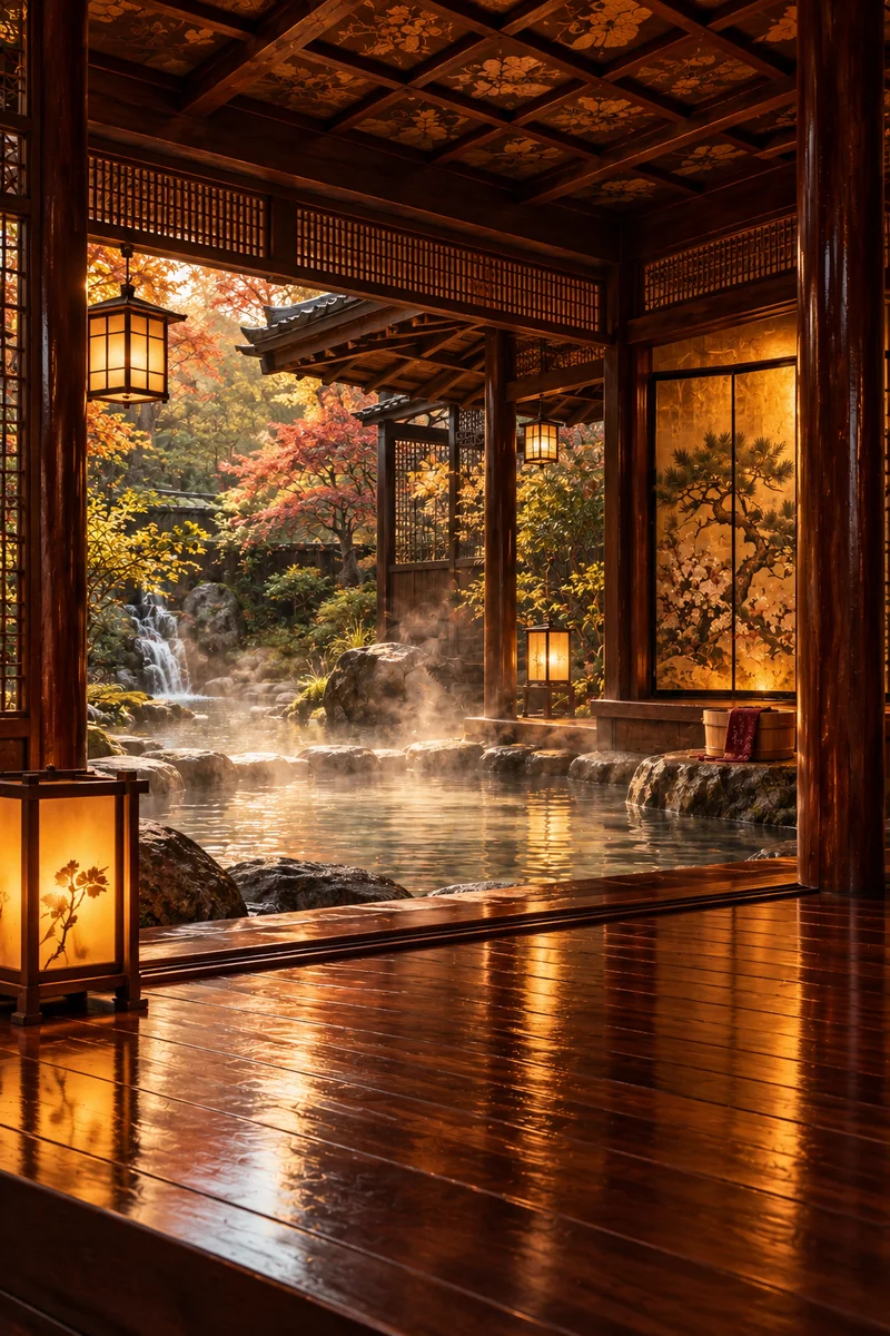 Fumi illustration of a steaming stone bath, glowing lanterns and warm timber beside a Japanese autumn garden