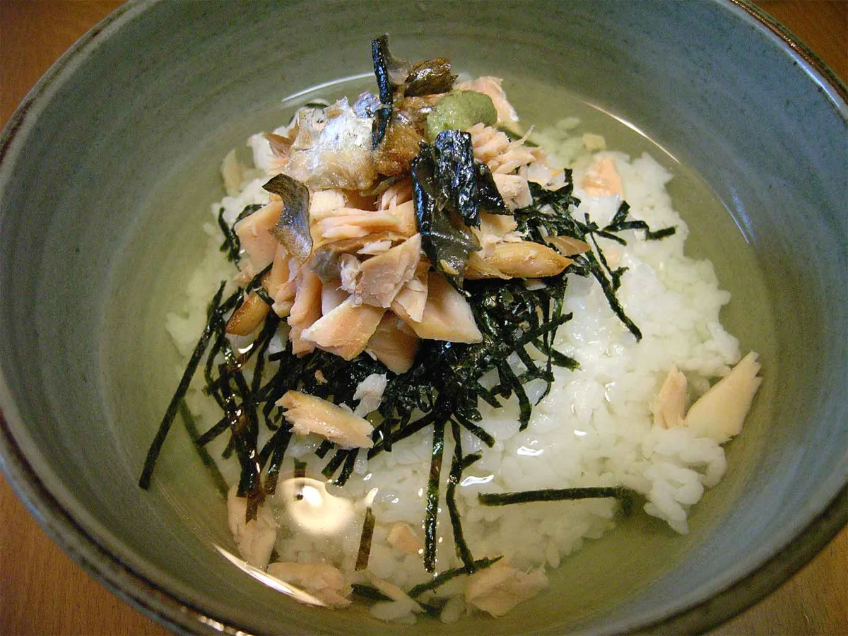 Salmon ochazuke with seaweed.