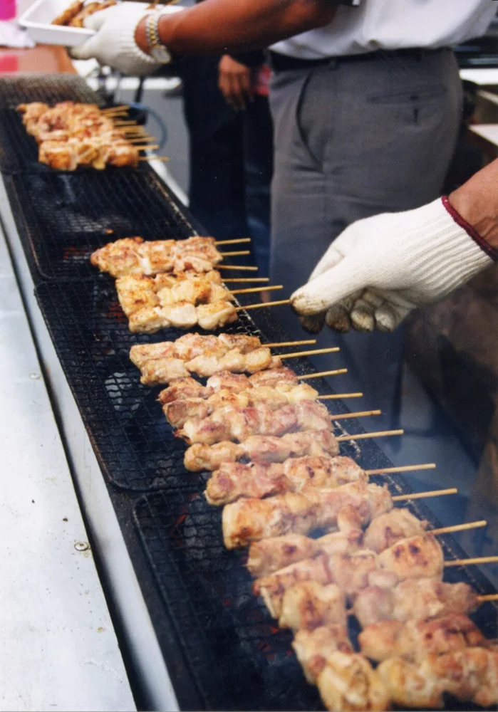 Chicken skewers cooking over a grill.