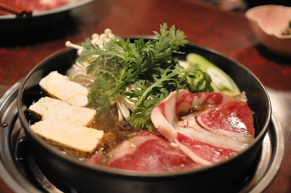 Sukiyaki with meat and vegetables.