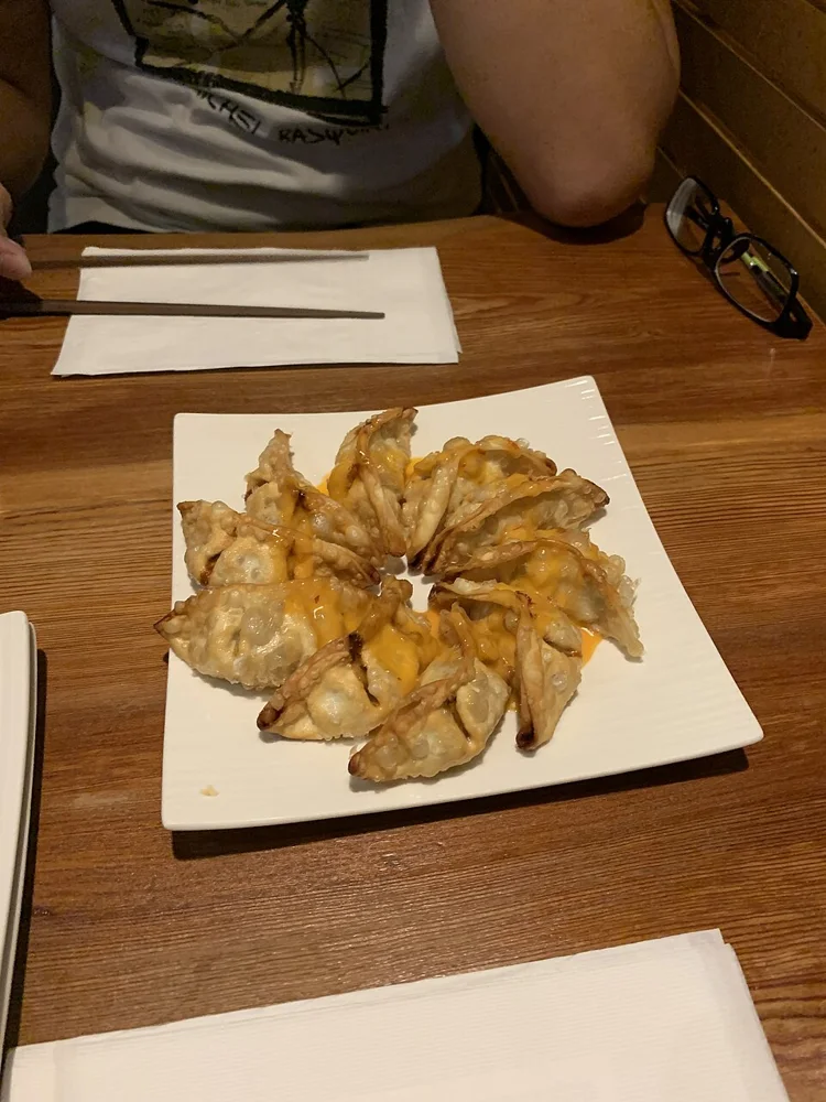 Pan-fried gyoza dumplings.