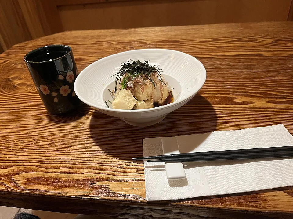 Agedashi tofu, fried tofu served with broth.