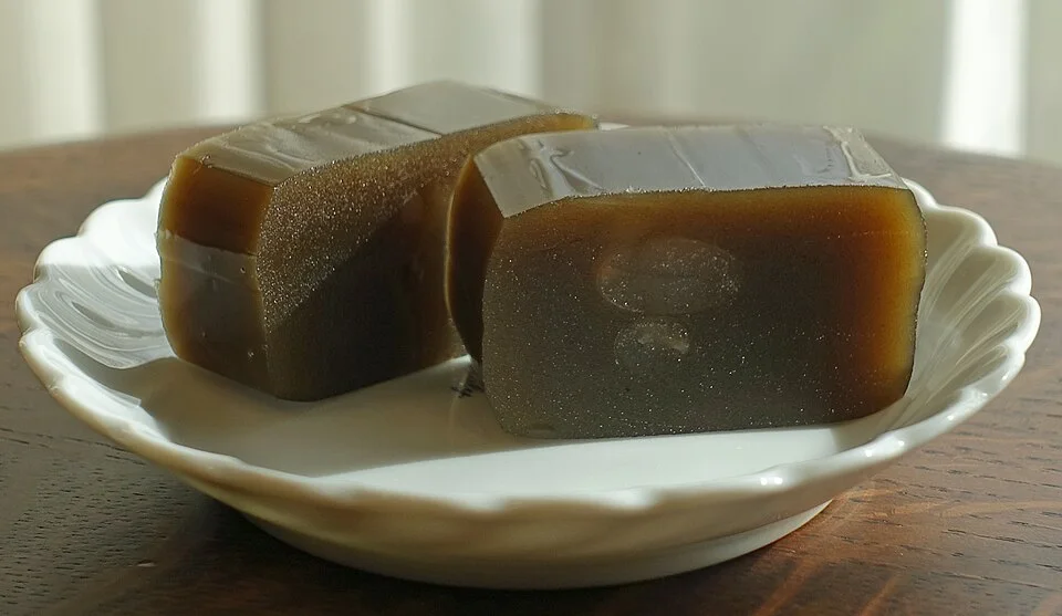 Sliced yokan, a firm bean-based sweet.