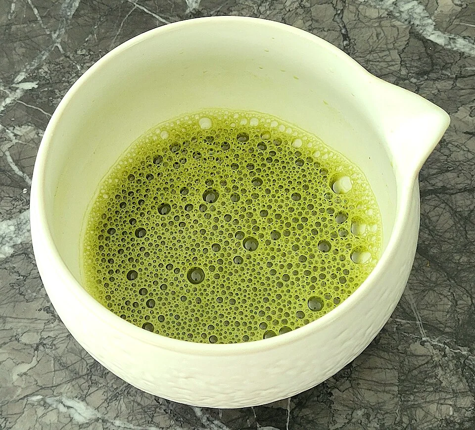 Prepared matcha in a tea bowl.