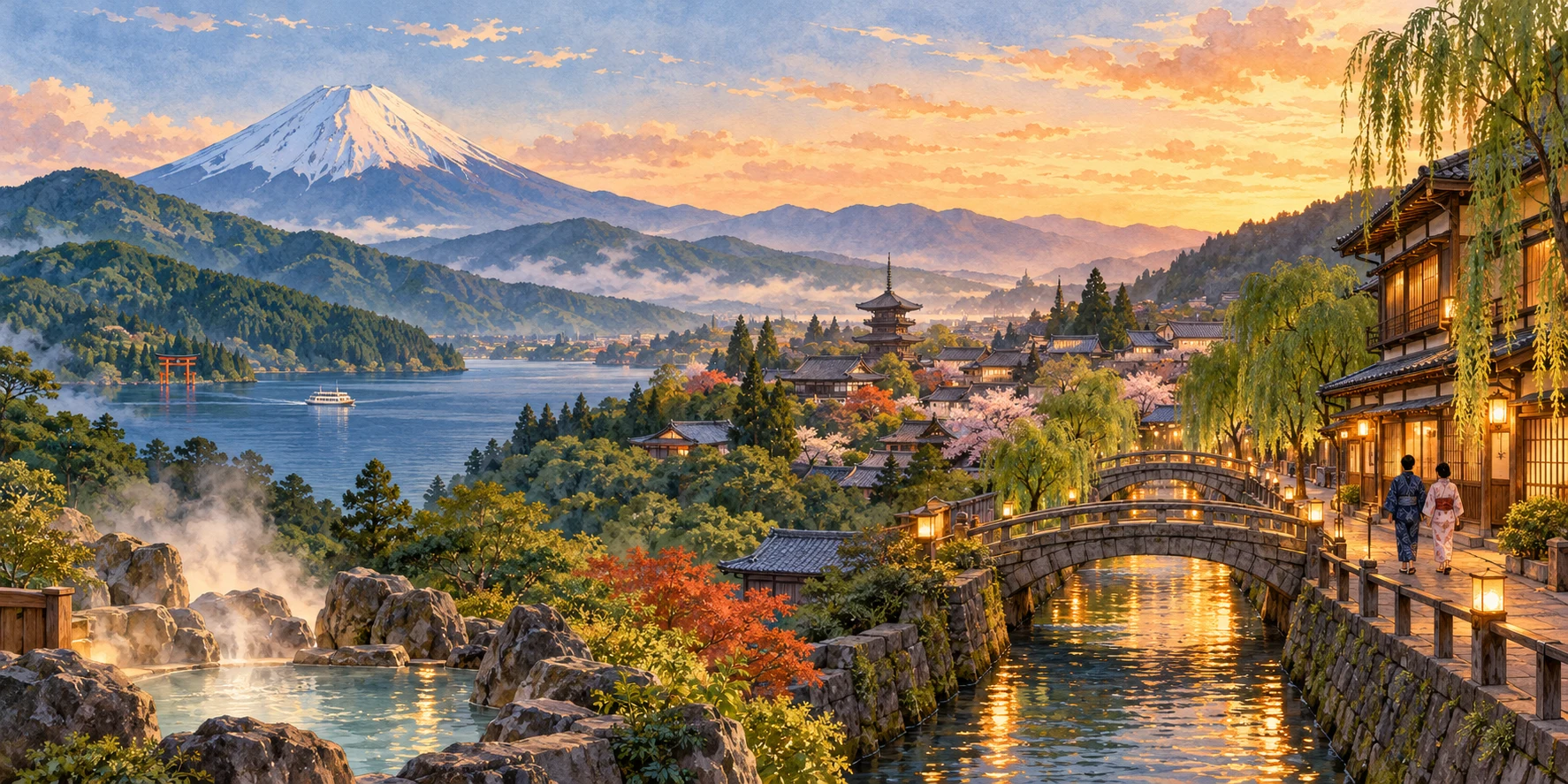Original illustration combining Fuji country, Lake Ashi, Kyoto roofs and Kinosaki’s canal