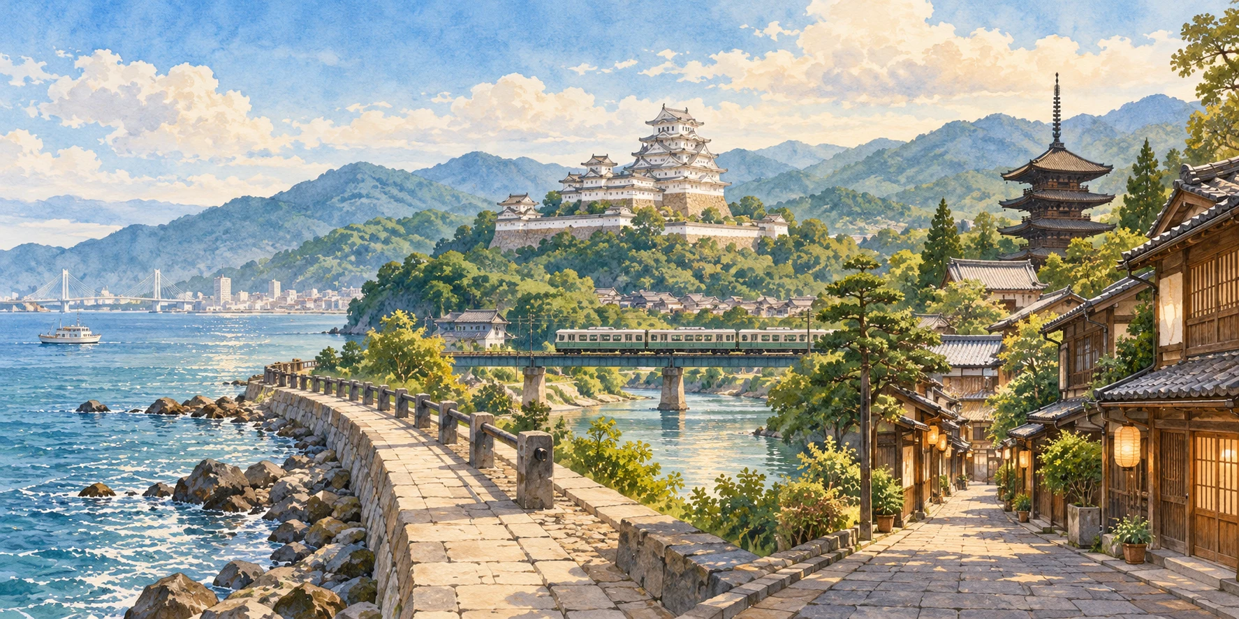 Original illustration bringing together Osaka Bay, a regional train, Himeji Castle and Kyoto lanes