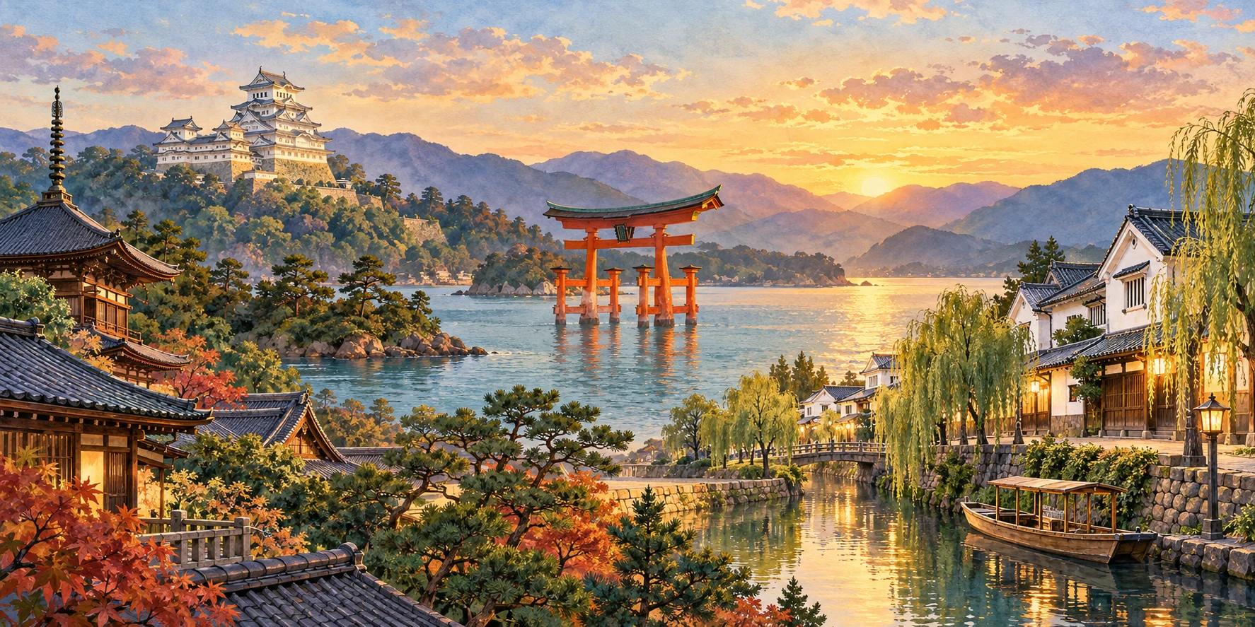 Original illustration combining Himeji Castle, Miyajima’s torii and Kurashiki’s merchant canal