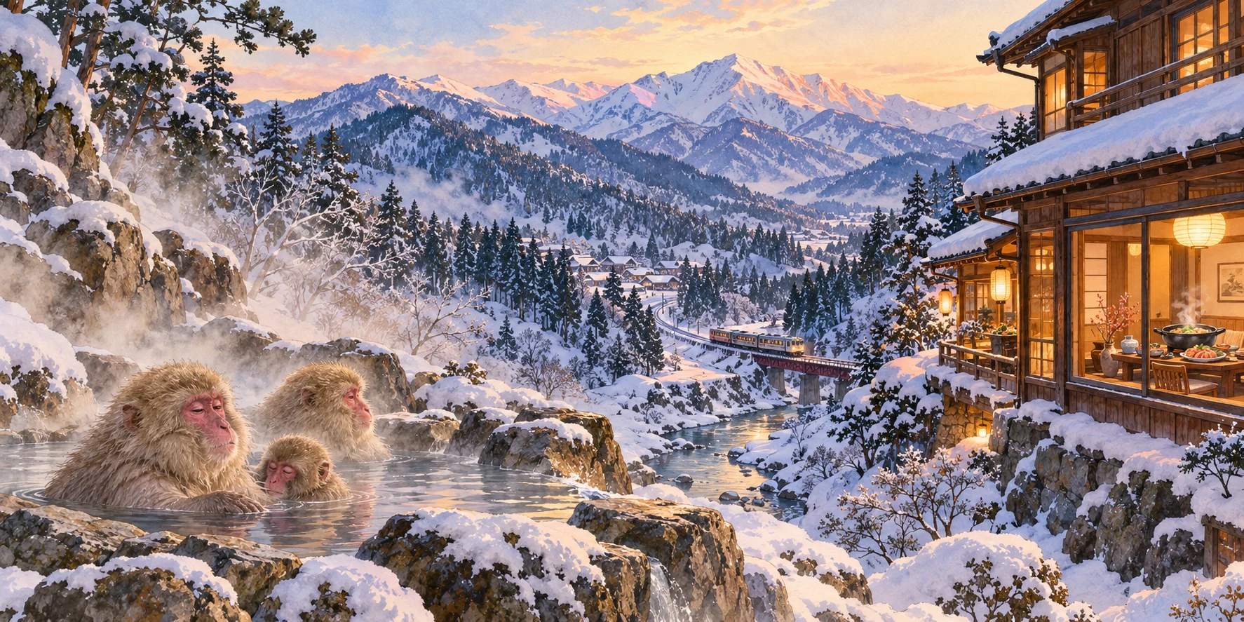 Original illustration of snow monkeys outdoors, snowy mountains, a railway and a warmly lit Japanese inn