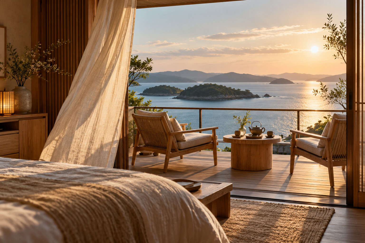 Fumi illustration of an imagined coastal hotel room and a balcony overlooking the sea