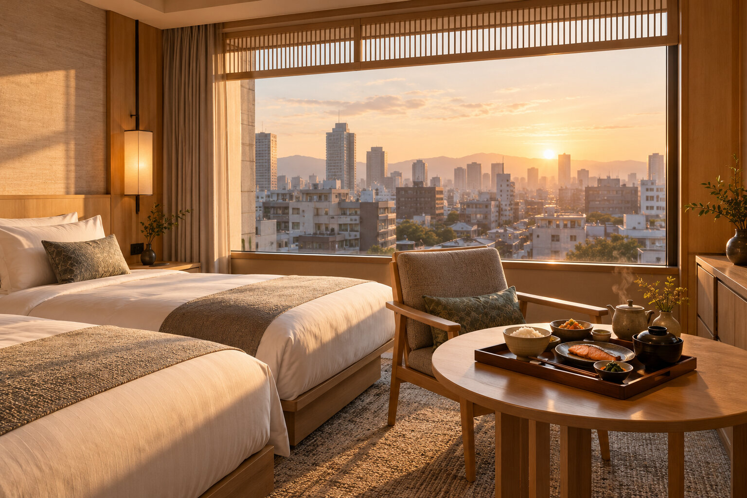 Fumi illustration of morning light in an imagined twin hotel room, with breakfast and a city view