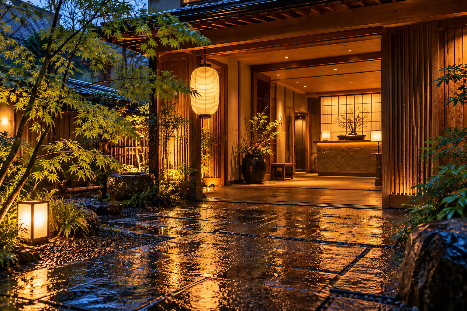Original Fumi illustration of a Japanese hotel entrance, with warm lantern light on rain-dark paving