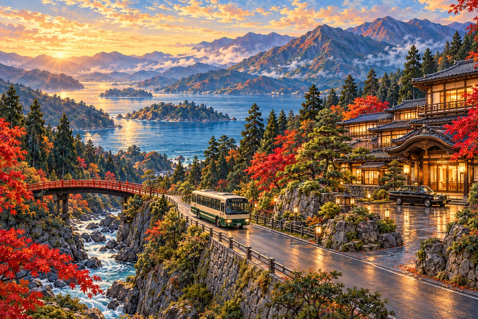 Imagined Japanese mountain and lake scene with a bus approaching a ryokan and a taxi outside