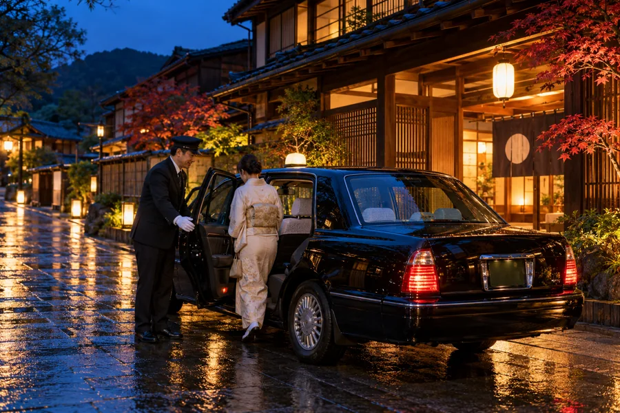 温かい明かりの伝統的な宿の前にいる、日本のタクシーと運転手の創作イラスト