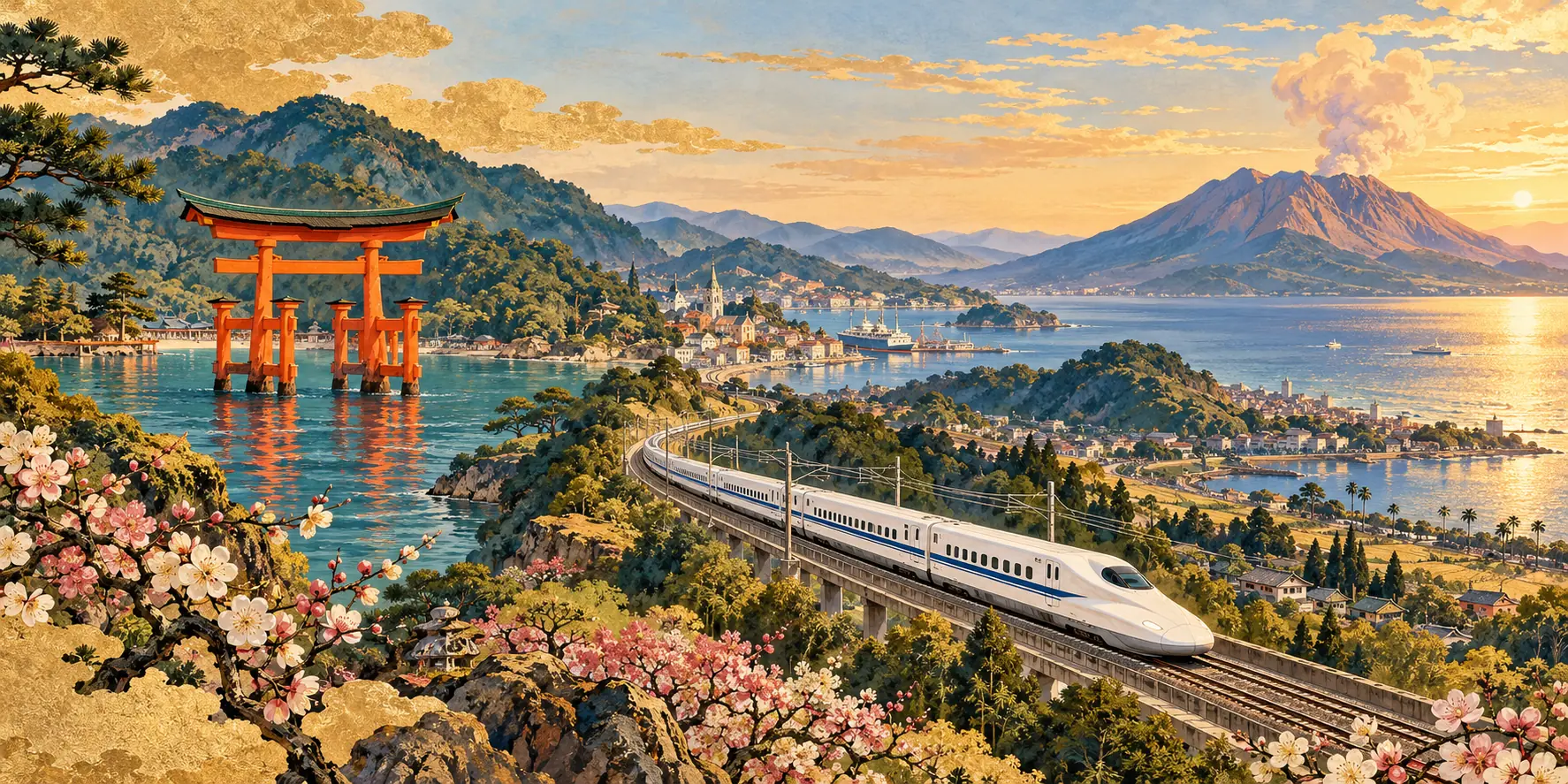 Original painted travel panorama with Miyajima’s torii, a Shinkansen, a harbour and Sakurajima across the bay