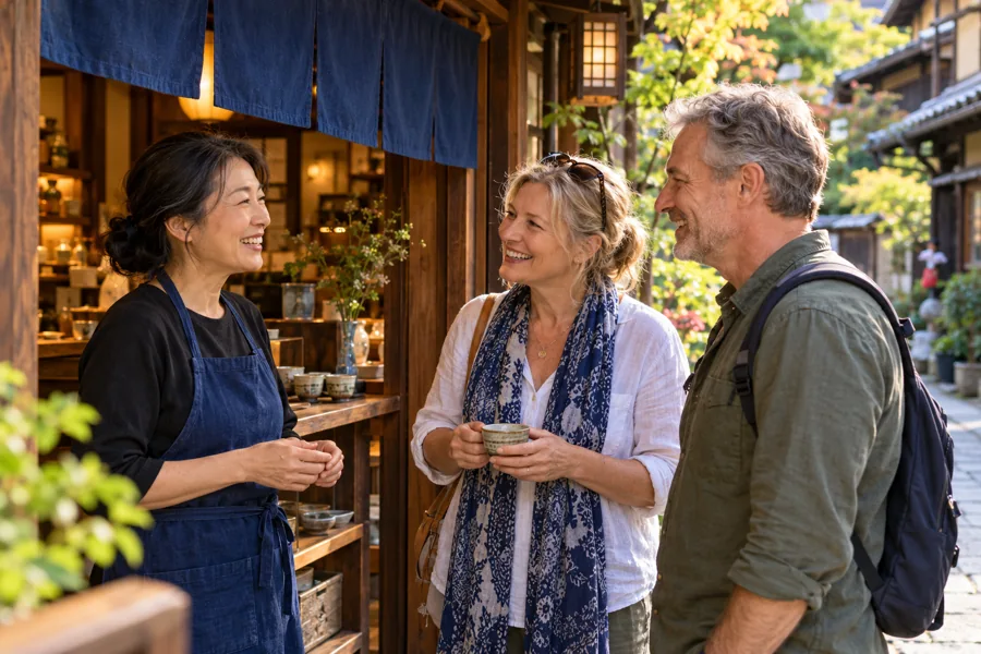 Conversation imaginaire dans un café entre un propriétaire japonais et deux visiteurs souriants