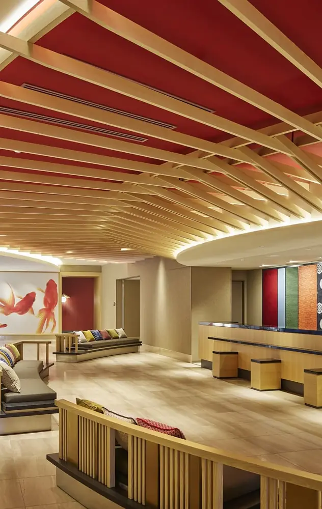 The timber ceiling and colourful lobby at Mitsui Garden Hotel Kyoto Shijo