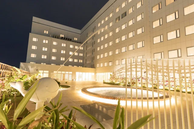 Illuminated terrace and exterior of Tokyu Stay Okinawa Naha