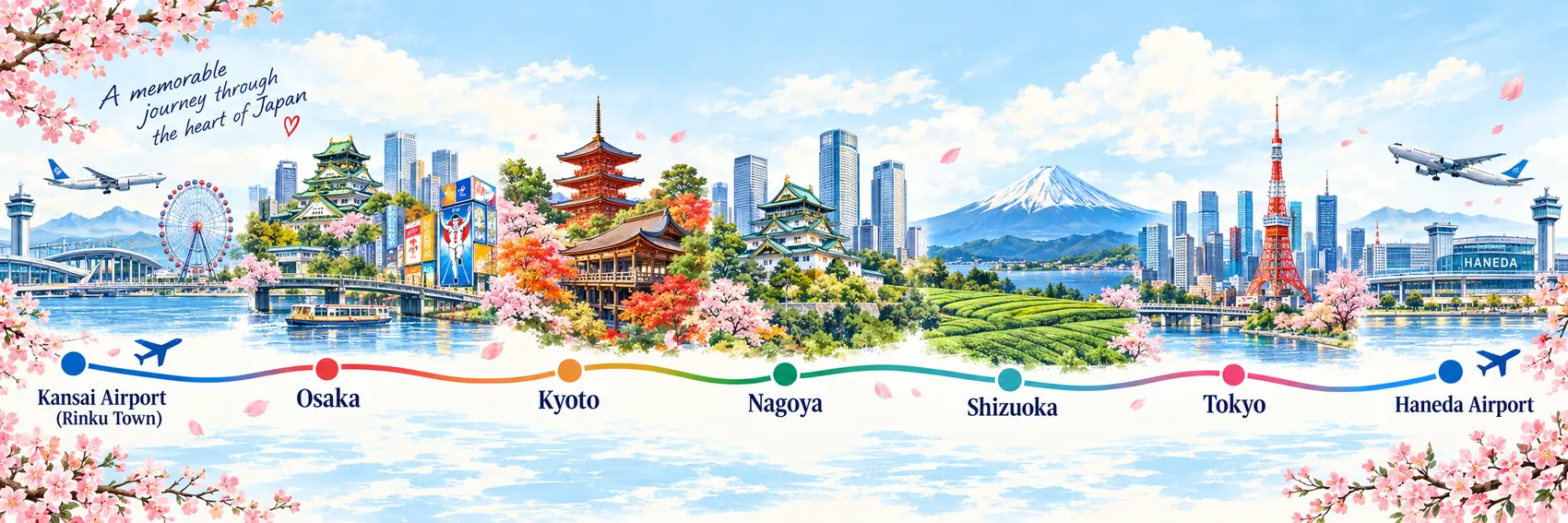 Illustrated journey from Kansai Airport and Rinku Town, through Osaka, Kyoto, Nagoya, Shizuoka and Tokyo to Haneda Airport, with Japanese castles, temples, Mount Fuji and cherry blossoms