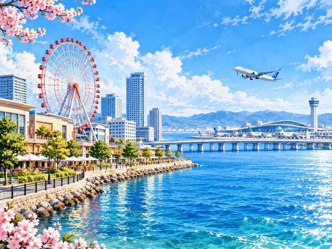 Original Fumi illustration of the Rinku waterfront and Kansai Airport